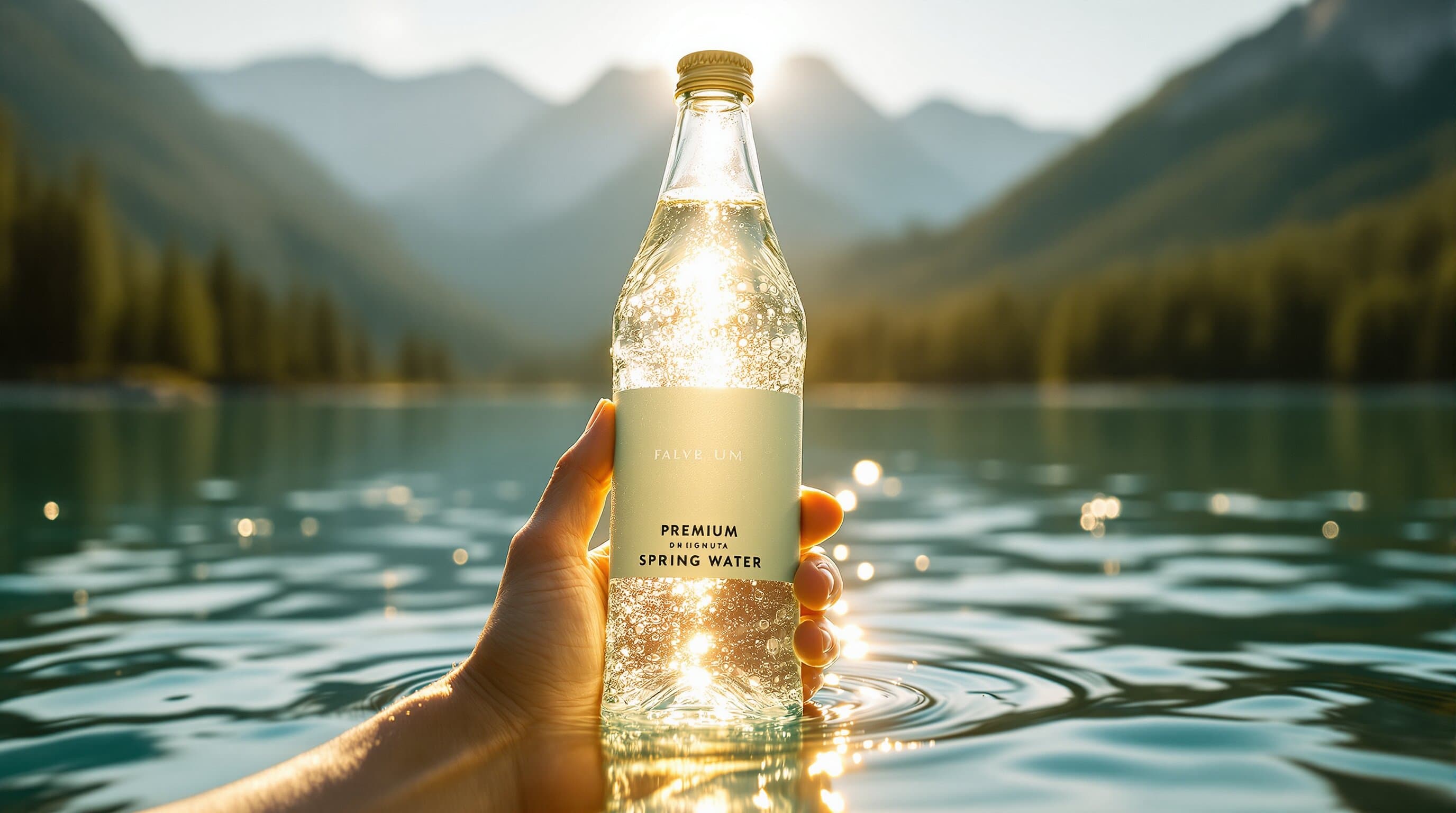 A bottle of Your Next Store spring water held above a glassy alpine lake
