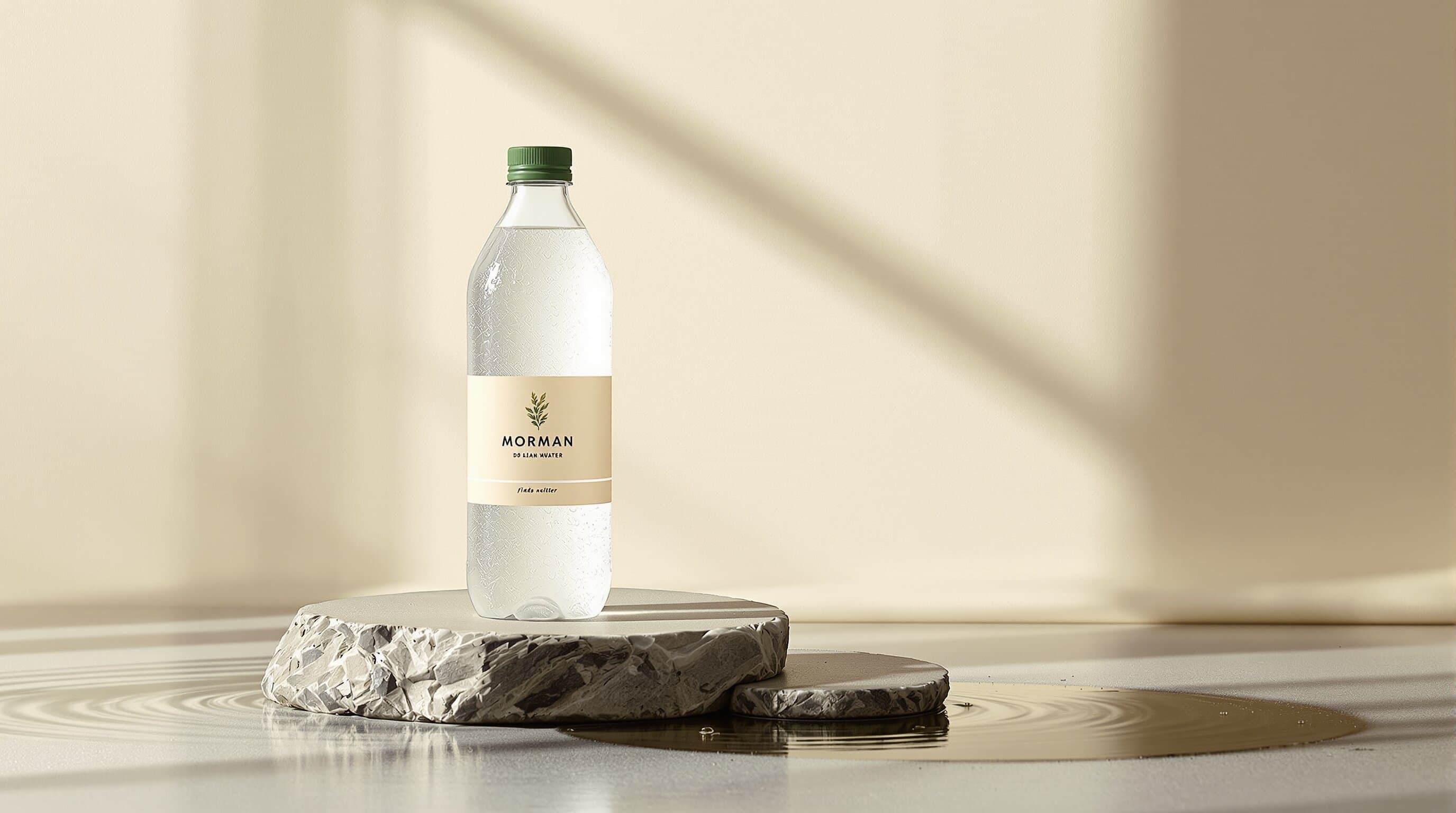 A bottle of Your Next Store water resting on smooth river stone
