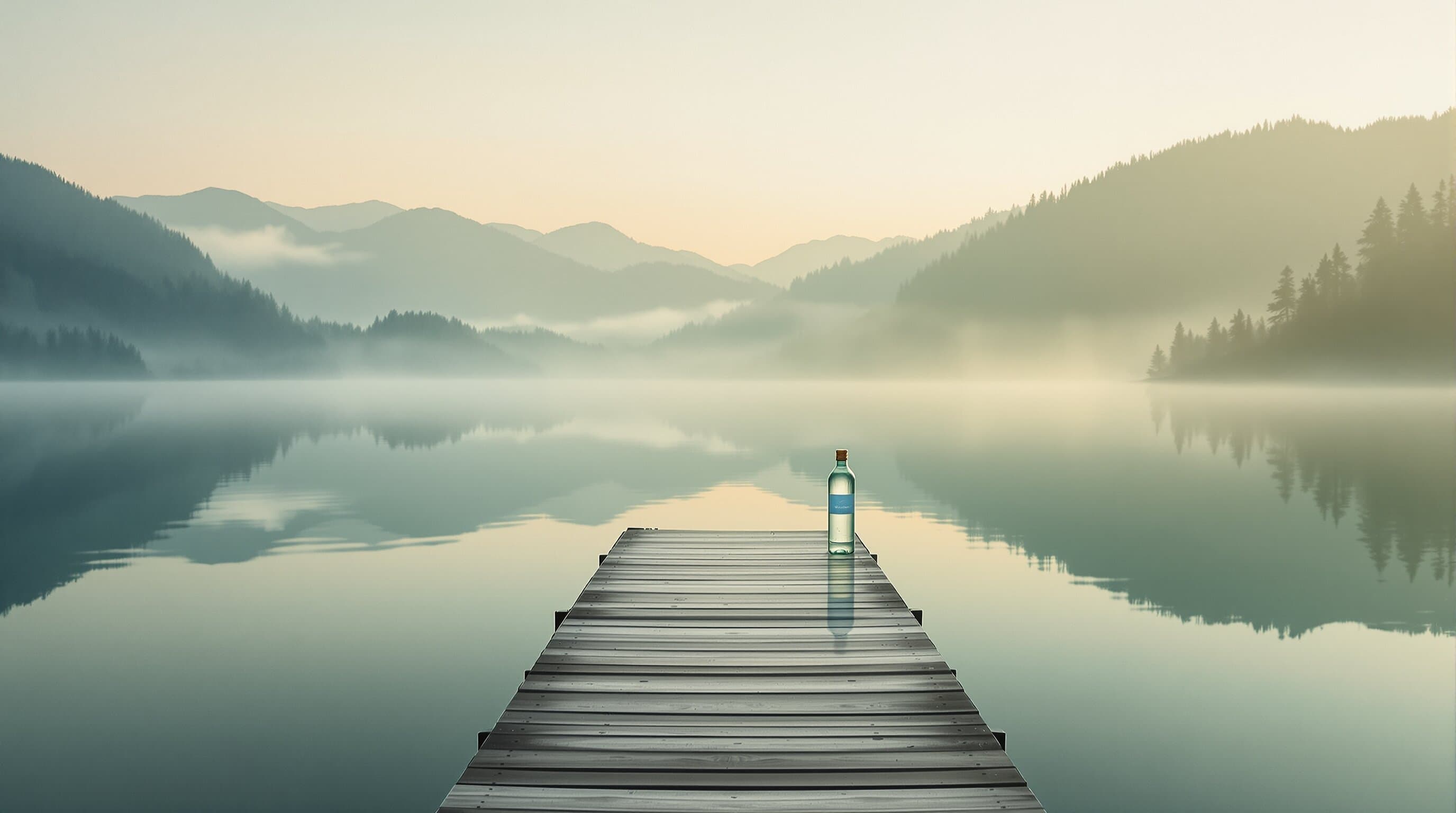 Sweeping landscape of a misty lake at dawn